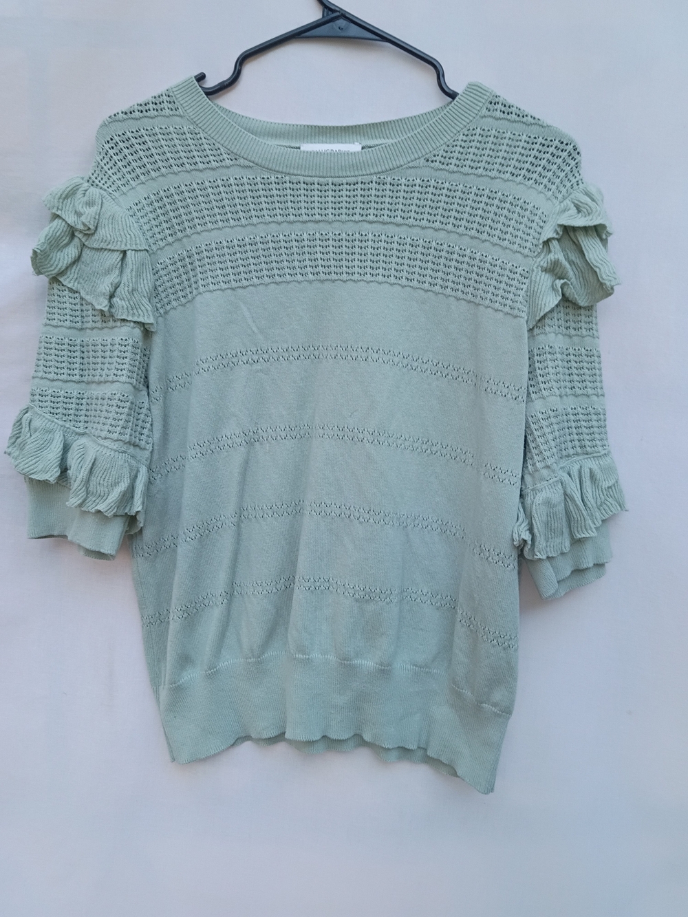 Anthropologie Calligraphie Ruffle Sleeve Knit Top in Sage Green Coquette XL